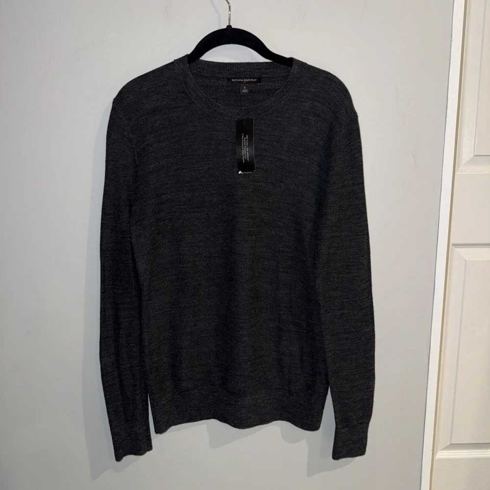 Banana Republic Mens S Cotton Textured Knit Crewneck Sweater Gray  Black New NWT